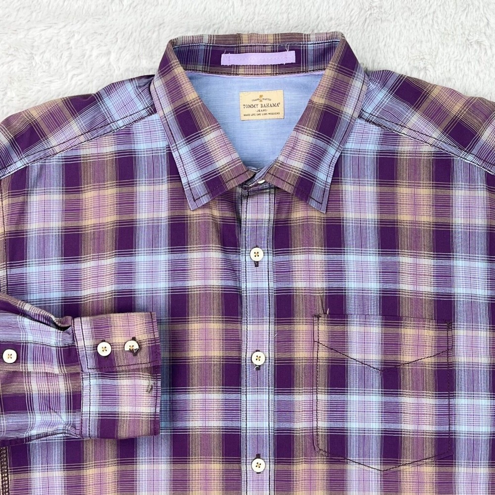 Tommy Bahama Shirt Men's LARGE Purple Blue Plaid Long Sleeve Cotton‎ Button Up
